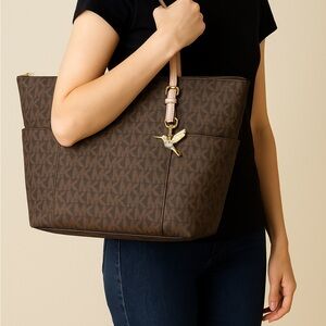 Michael Kors Jet Set Travel Tote w/‎ Hummingbird Charm – Brown MK Monogram